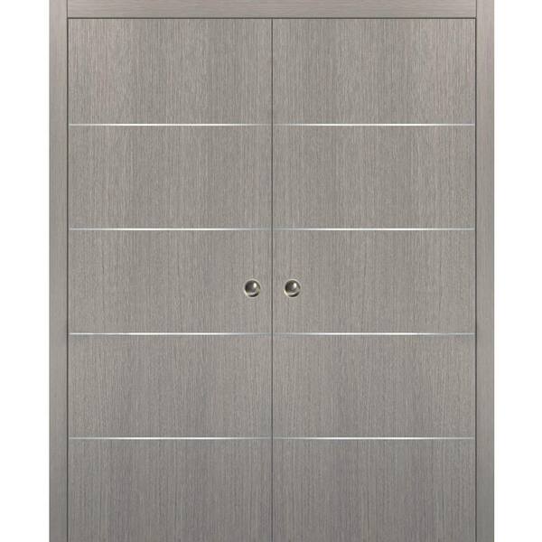 Sartodoors Planum 0020 72 in. x 84 in. Flush Grey Oak Finished WoodSliding door with Double Pocket Hardware
