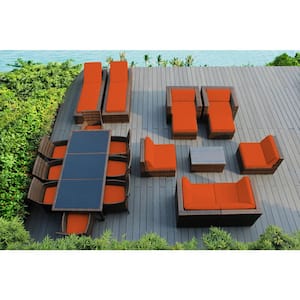 Mixed Brown 20-Piece Wicker Patio Combo Conversation Set with Supercrylic Orange Cushions