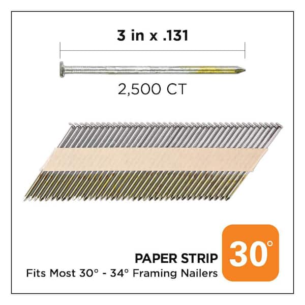 3 in. x 0.131 30-Degree Bright Finish Smooth Shank Paper Tape Framing Nails (2500-Per Box)