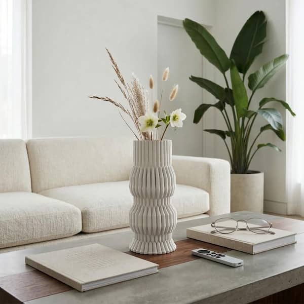 Liv & Skye 11 in. White Ceramic Freeform Cylinder Decorative Vase