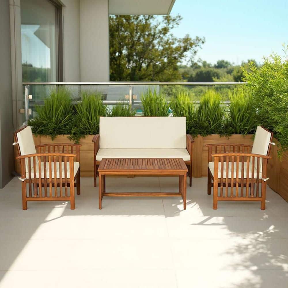 Kaila Natural Brown 4-Piece Acacia Wood Patio Sofa, Chair and Coffee Table Set with Beige Cushions