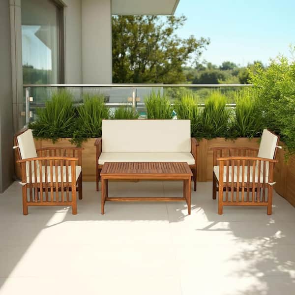 Kaila Natural Brown 4-Piece Acacia Wood Patio Sofa, Chair and Coffee Table Set with Beige Cushions