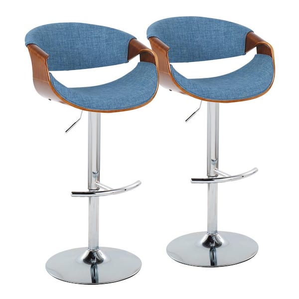 Lumisource Curvo 33.5 in. Blue Fabric, Walnut Wood and Chrome Metal Adjustable Bar Stool with Rounded T Footrest (Set of 2)