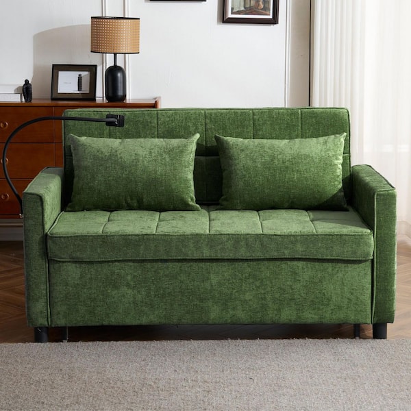 56.9 in. Green Loveseat Pull-out Sofa Bed with Cushion, Side Pockets, 2 USB Ports and Phone Holder