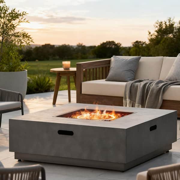 Stone Gray 39 in. Outdoor Square Iron Propane Patio Fire Pit