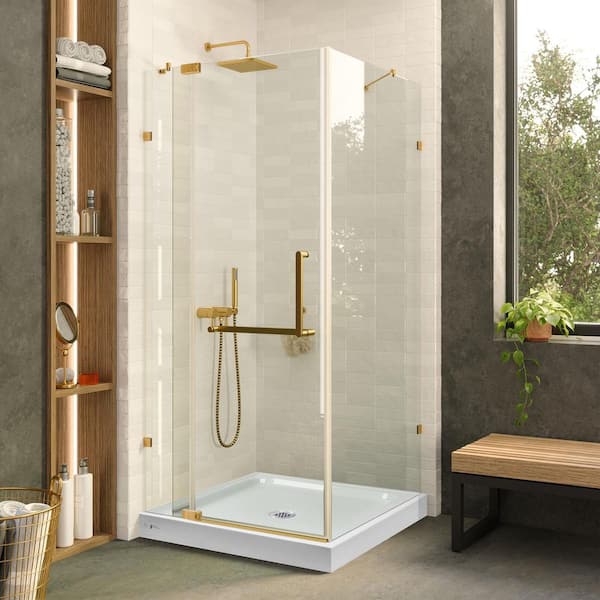 Frameless Corner Shower Stall with 32 in. L x 32 in. W Shower Base in Satin Brass 30in. L x 30in. W x 74in. H Enclosure