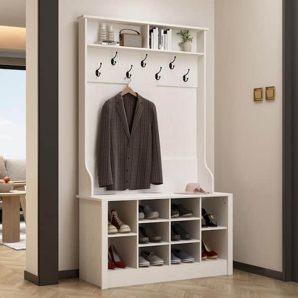 FUFU&GAGA 68.5 in. 3-in-1 Freestanding Coat Rack Storage Bench with 7-Metal Double Hooks and Shelves