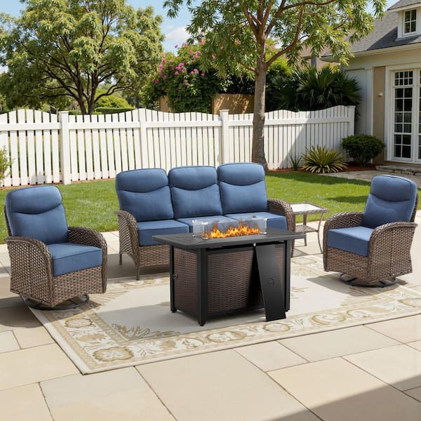 High Crescent 5-Piece Brown Wicker Patio Conversation Set with Blue Cushions and Steel Fire Pit Table