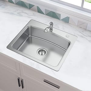 All-in-One Drop-In Stainless Steel 25 in. 2-Hole Single Bowl Kitchen Sink with Pull-Out Faucet