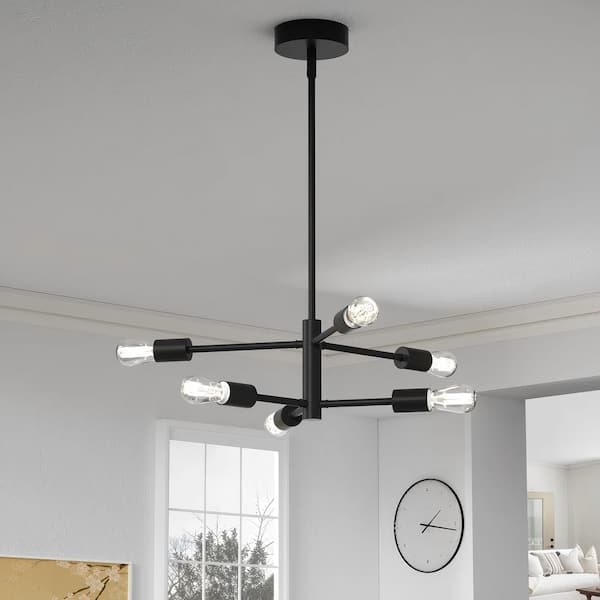 6-Light 22 in. Black Modern Linear Dimmable Chandeliers Dining Room Kitchen Ceiling Lights Foyer Bedroom Lighting