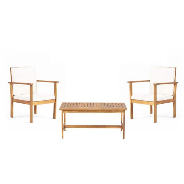 Brown 3-Peice Acacia Wood Outdoor Conversation Set 2 Arm Chairs and Coffee Table with Cream Cushion