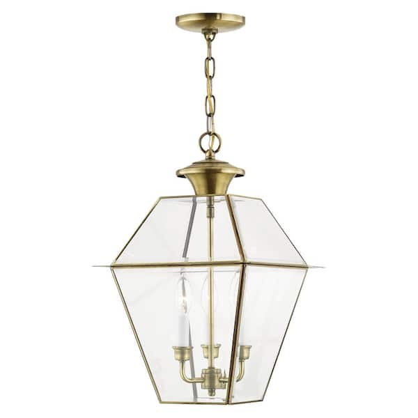 Ainsworth 18.5 in. 3-Light Antique Brass Dimmble Outdoor Pendant Light with Clear Beveled Glass and No Bulbs Included