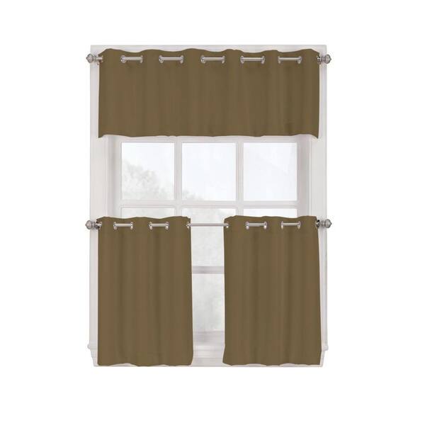 LICHTENBERG Semi-Opaque Mocha Montego Grommet Kitchen Curtain Tiers, 56 in. W x 36 in. L