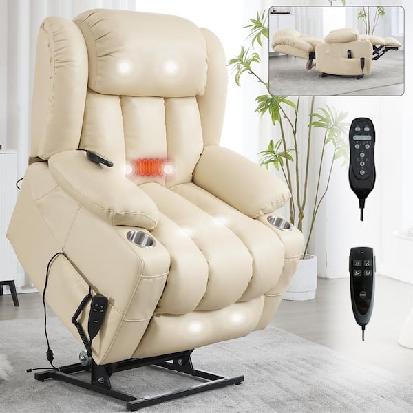 Beige PU Leather Power Lift Recliner Massage Chair with Massage and Heating Functions