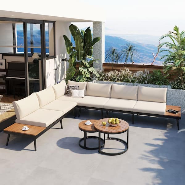 Zeus & Ruta 6-Piece Metal Outdoor Sectional Set with Round Coffee Tables and Seating Sofa with Beige Cushions for Patio Garden
