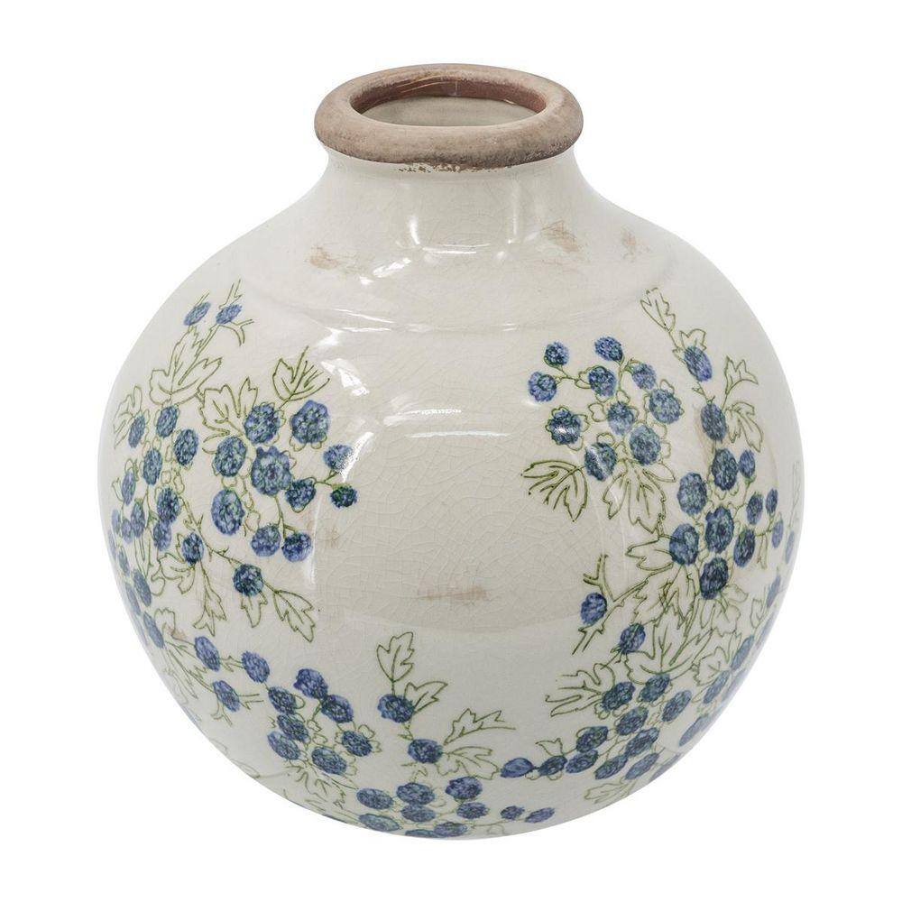 8 in. Vintage White Ceramic Round Decorative Vase with Blue Berry