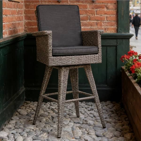 Mixed Black and Dark Grey Patio Wicker Swivel Outdoor Bar Stool with Cushions