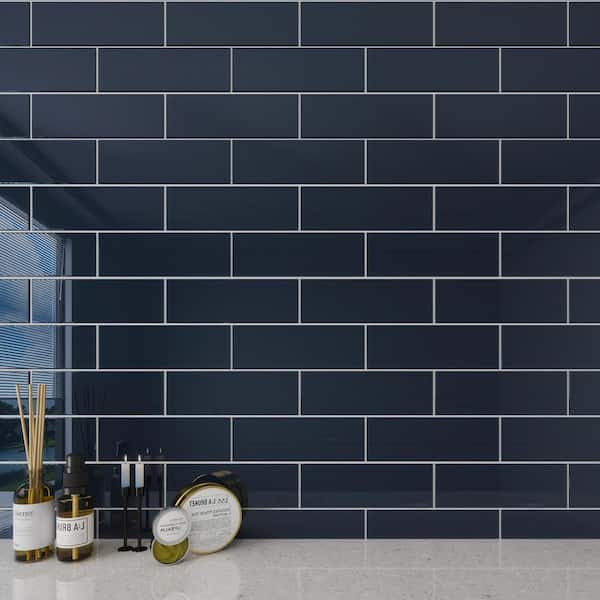 Giorbello Midnight Blue 4 in. x 12 in. x 8mm Glass Subway Tile (5 sq. ft./Case)