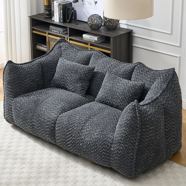 73 in. Modern Black Chenille Polyester Soft Bean Bag Chair with 2 Pillows