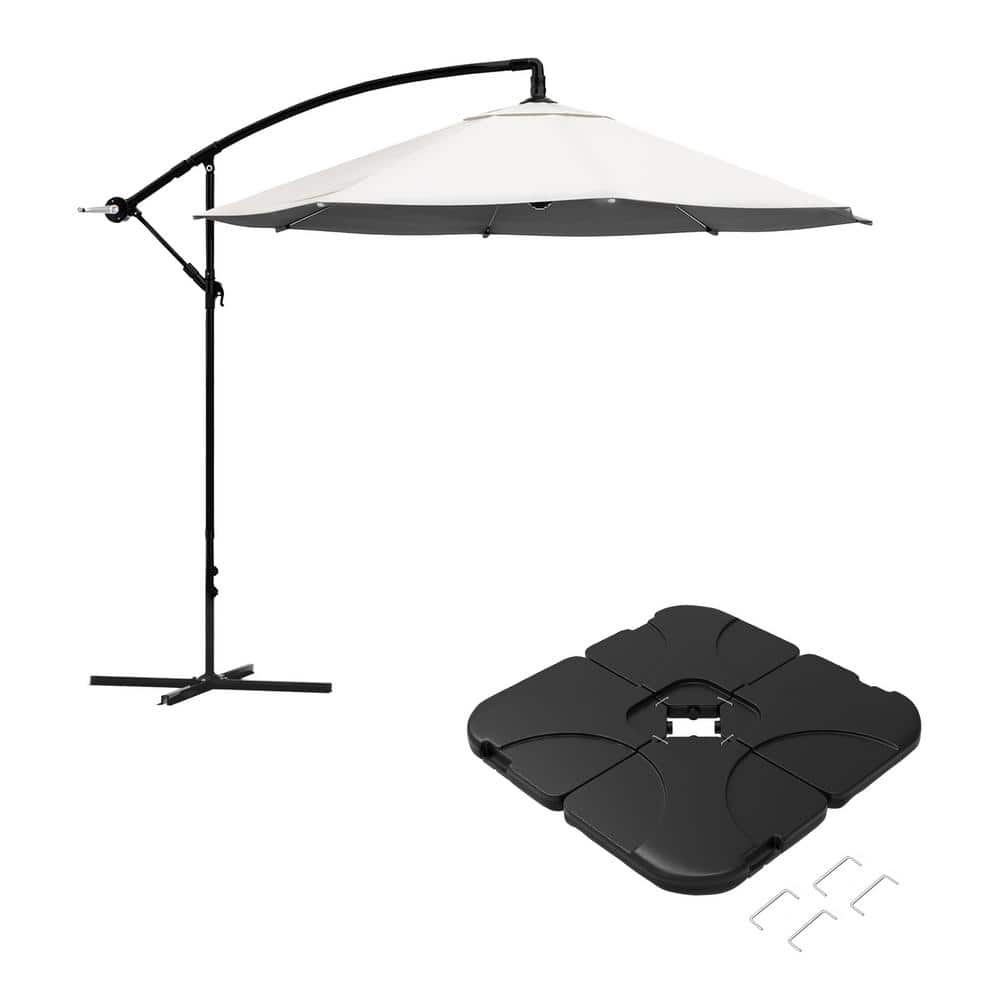 Pure Garden 10 ft. Steel Offset Cantilever Outdoor Patio Umbrella with Square Base, Hand Crank Lift in Cream