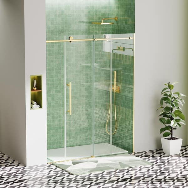 56 in.-60 in. W x 76 in. H Single Sliding Frameless Shower Door in Brushed Gold with 10mm Tempered Glass, Soft-Close