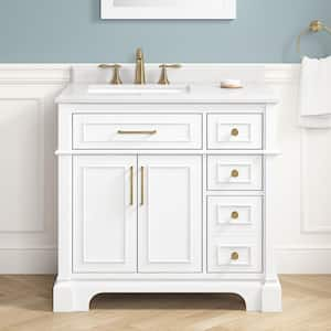 Melpark 36 in. Single Sink White Bath Vanity with White Engineered Marble Top (Assembled)