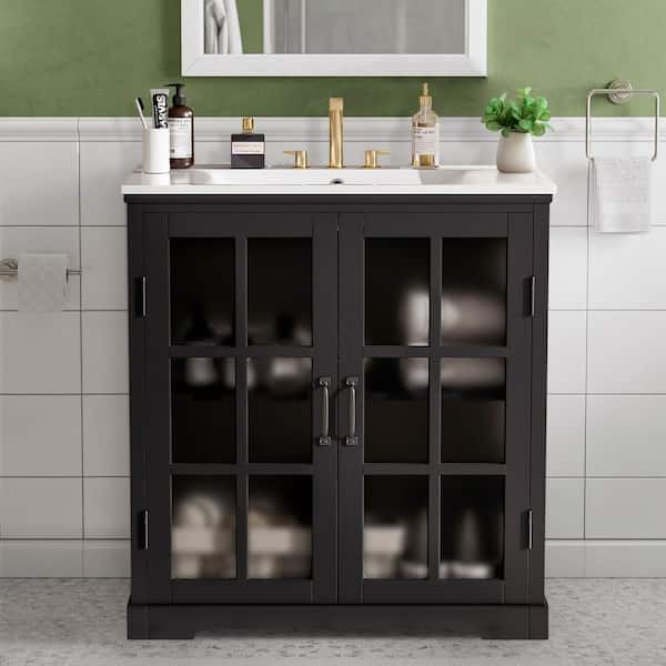 30 in. Single Sink Freestanding Black Bath Vanity with White Ceramic Top and Adjustable Shelves, Unassembled