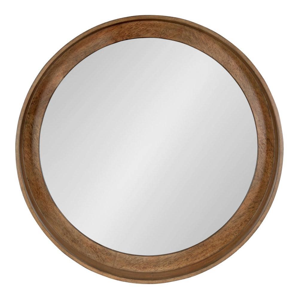 Walnut Round Wood Wall Mirror with Shelf 30"