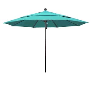 11 ft. Bronze Aluminum Commercial Market Patio Umbrella with Fiberglass Ribs and Pulley Lift in Aruba Sunbrella