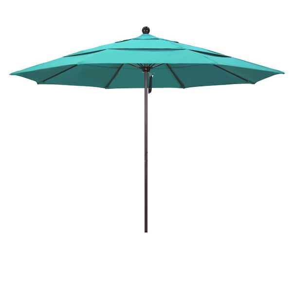 California Umbrella 11 ft. Bronze Aluminum Commercial Market Patio Umbrella with Fiberglass Ribs and Pulley Lift in Aruba Sunbrella