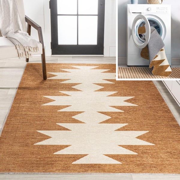 JONATHAN Y Chayton Minimalist Geometric Machine-Washable Rust/Cream 3 ft. x 5 ft. Area Rug