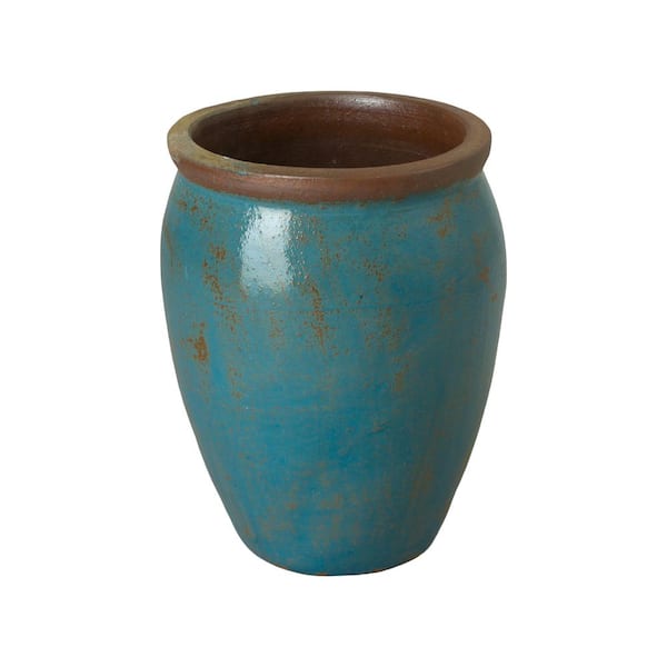 Emissary 17 in. D x 22 in. H Turquoise Wash Ceramic Round Planter with Drainage Hole