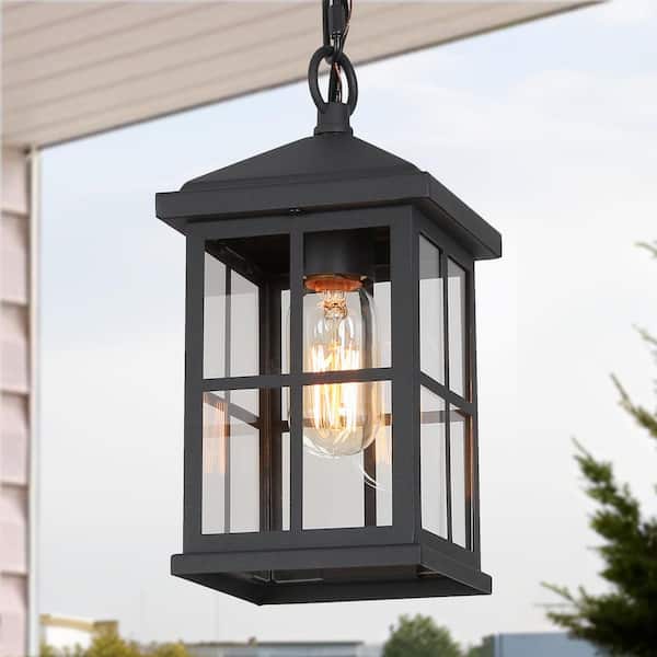 LNC 10.5 in. 1-Light Black Modern Small Outdoor Pendant Light Porch Hanging Lantern with Clear Glass Shade No Bulbs Included