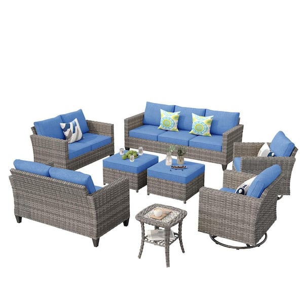 New Star Gray 8-Piece Wicker Patio Conversation Seating Set with Blue Cushions and Swivel Chairs
