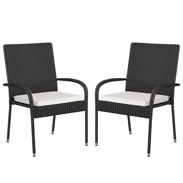 TAYLOR + LOGAN Black Wicker/Rattan Outdoor Dining Chair in White Set of 2
