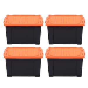 78 Qt. Stackble Storage Tote, with Heavy-duty Orange Buckles/ Lid, in Black, (4 Pack)
