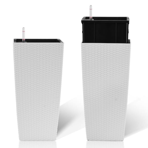 Peggy 22.61 in. H White Faux Rattan Polypropylene Square Patio Outdoor Planter with Automatic Watering System (Set of 2)