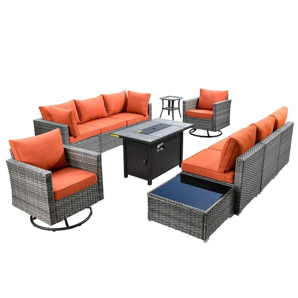 Messi Gray 11-Piece Wicker Outdoor Patio Conversation Sofa Fire Pit Set with Swivel Chairs and Orange Red Cushions