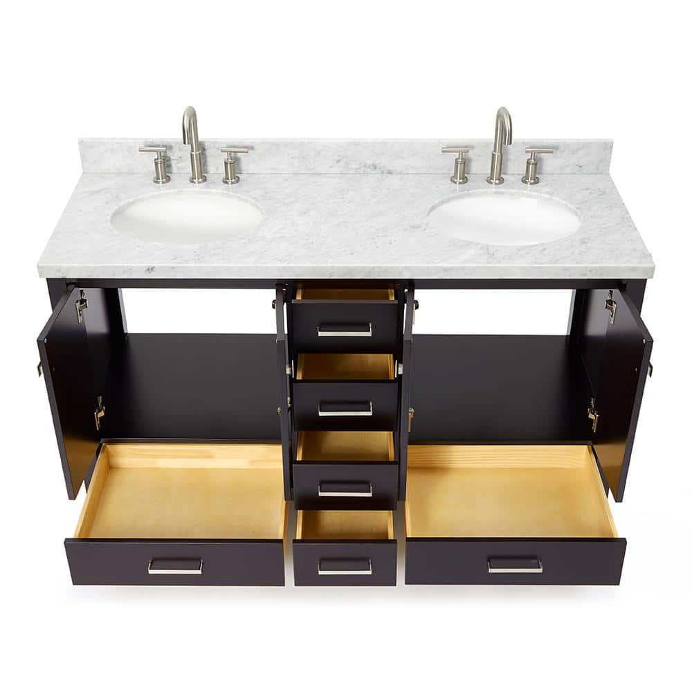 Espresso Double Basin Vanity with Marble Top and Nickel Hardware