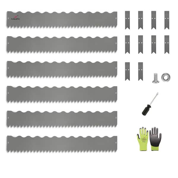 A Anleolife 6 Pack 40" LX 6" H Galvanized Steel Garden Landscape Edging, Wavy Edge Lawn Border with Gloves and 10 Stakes(20FT Total)