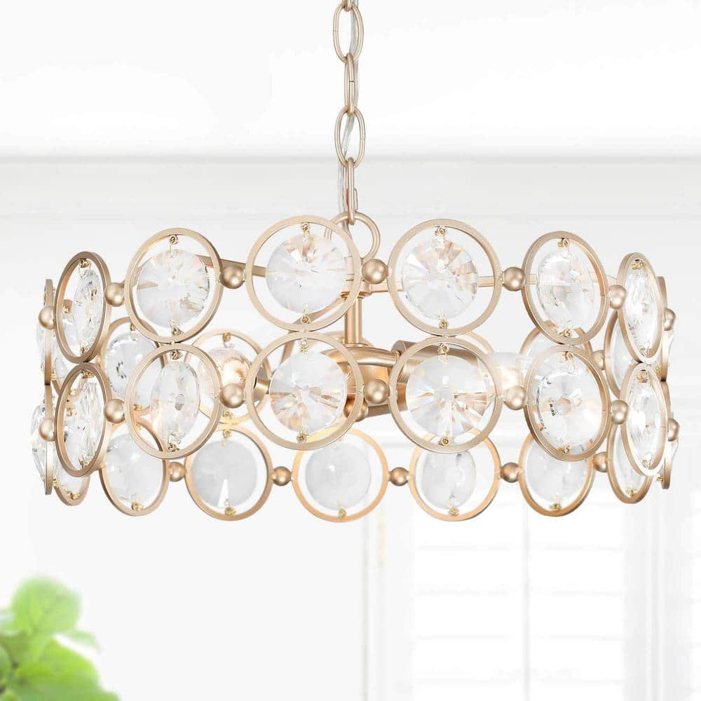 LNC Glam Antique Gold Chandelier, Modern 3-Light Brass Drum Chandelier Island Round Pendant Ceiling Light with Crystal Drop