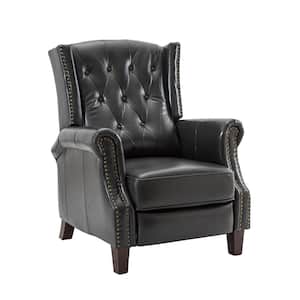 Cilla Genuine Leather Black Manual Recliner with Wooden Legs
