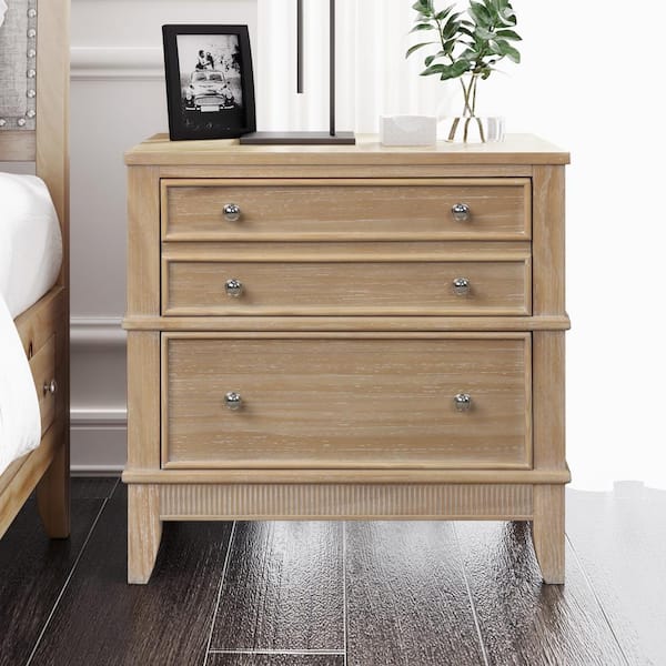 ATHMILE 3-Drawers Natural Brown Solid Wood Nightstand (27.3 in. L x 17. ...