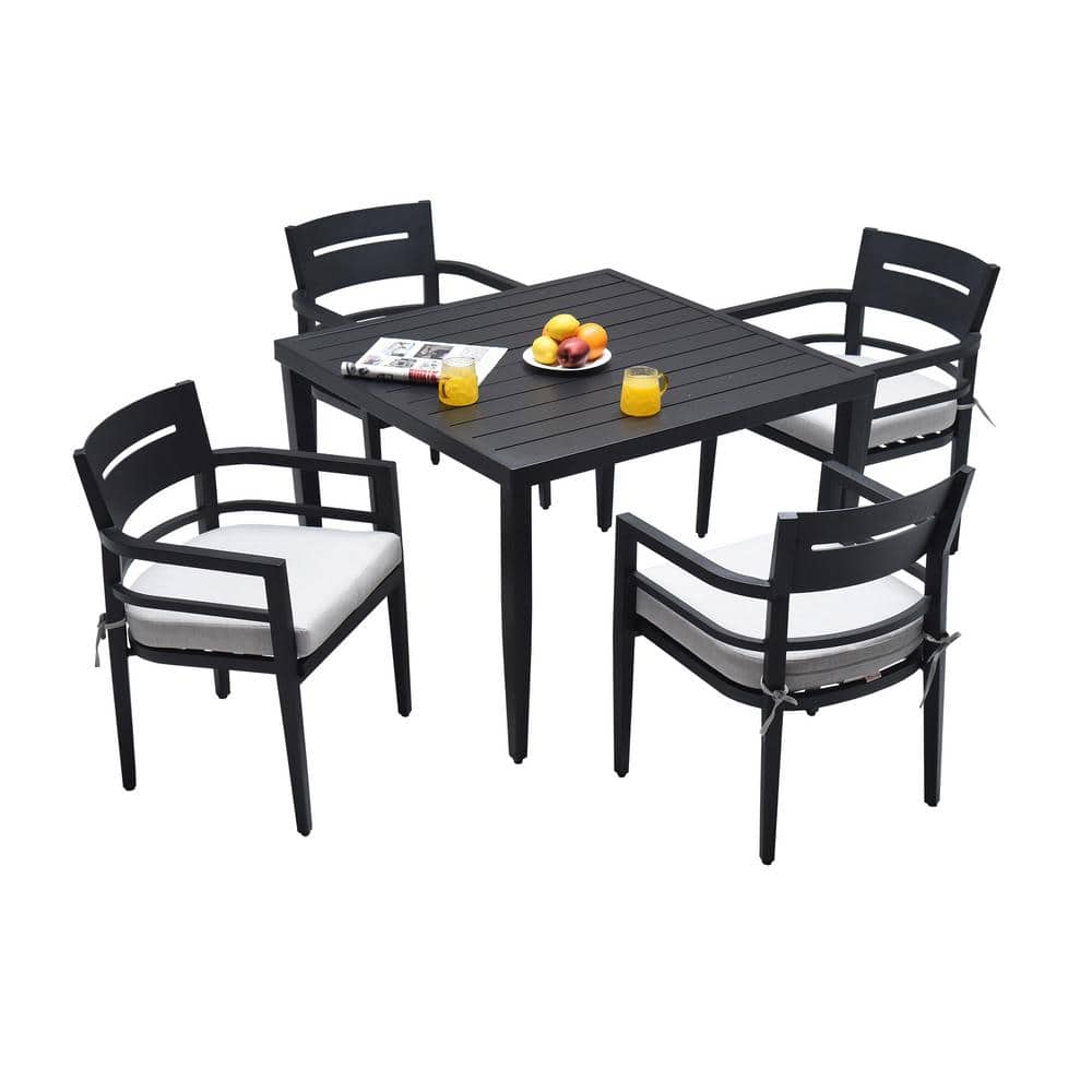 Black 5-Piece Aluminum Patio Outdoor Dining Set with 4 Chairs, White Fabric