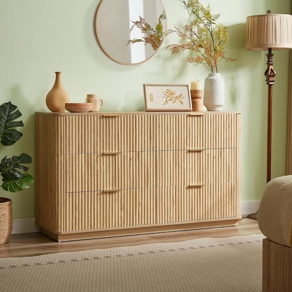 Oak 6 Drawer 55.12 in. Wide Dresser with Fluted Front Panel for Bedroom, Living Room, Hallway and Entryway