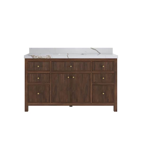 Willow Collections Sonoma Teak 60 in. Single Sink Freestanding Dark Walnut Bath Vanity with Calcutta Gold Quartz Top Unassembled