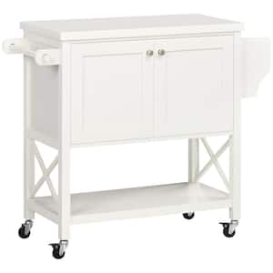 White Rolling Kitchen Island On Wheels, Utility Serving Cart with Rubber Wood Top, Towel Rack, Spice Rack