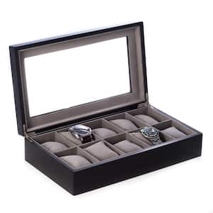 Matte Black Wood 10-Watch Box with Glass Top and Velour Lining and Pillows