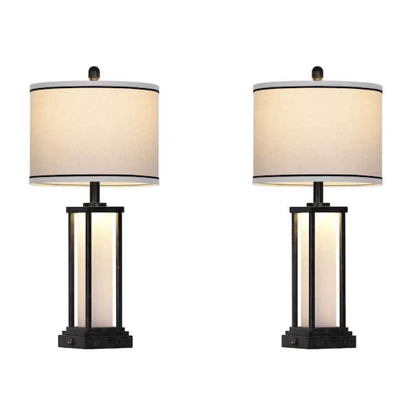 Bedside 27 in. Black Lantern-Style Table Lamp Set with USB & Type-C Ports and AC Outlets LED Night Light (Set of 2)