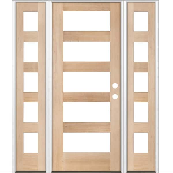60 in. x 80 in. Modern Hemlock Left-Hand/Inswing 5-Lite Clear Glass Unfinished Wood Prehung Front Door with Sidelites